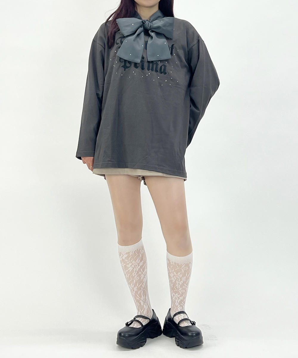 TIME SALE】ラインストーン＋刺繍 オーバーサイズロンTEE